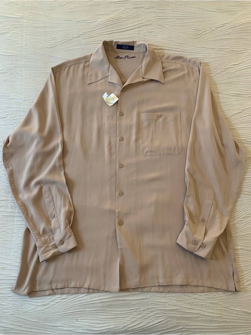 Vintage Deadstock NWT Alan Flusser 100% Silk Tan Camp Collar Shirt, size Large